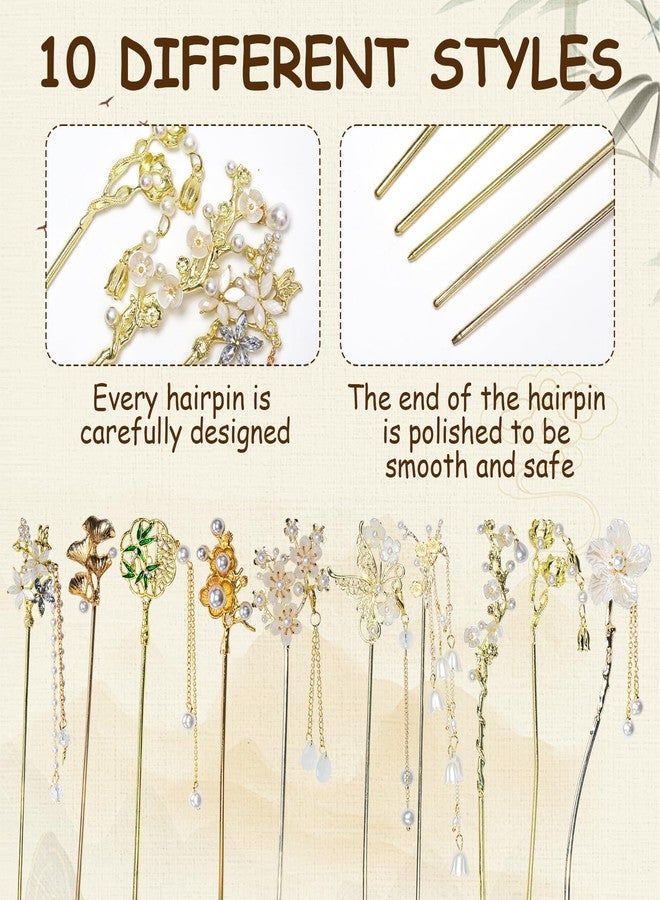 WYVAS 10 Pcs Decorative Vintage Retro Pearl Gold Metal Hair Sticks Pins with Pearl Jade Dangles Tassels Pendants, Chinese Hanfu Asian Flower Butterfly Hair Sticks Hair Chopsticks for Women Girls Christmas - Image 3